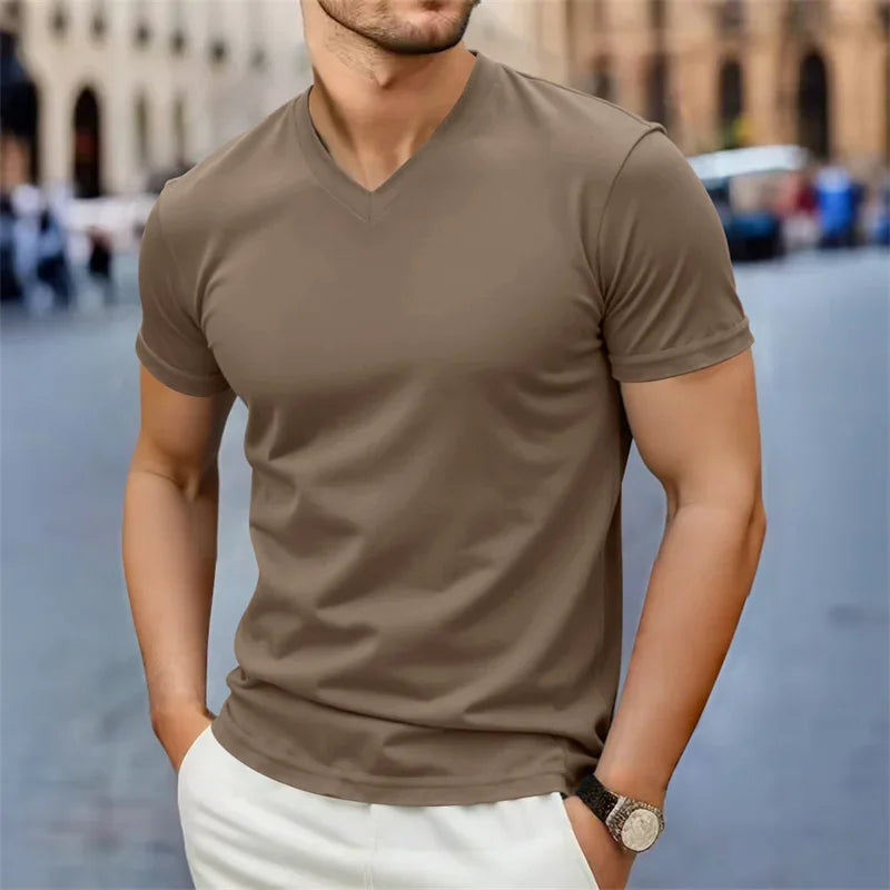 2025 New Men'S Casual Fashion Simple V-Neck Short Sleeved T-Shirt Summer Comfortable Breathable Versatile Top